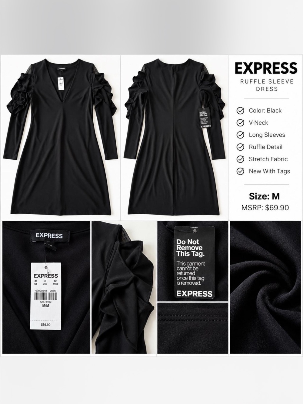 Express Black Long-Sleeve Ruffle V-Neck Dress NWT $69 msrp Medium Black Midi